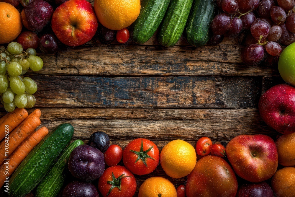 Poster fresh and colorful fruits and vegetables arranged on rustic wooden surface, creating a visually appe