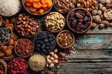 Obraz premium A rustic wooden table showcasing a diverse assortment of dried fruits, nuts, and grains arranged in small wooden bowls, creating a healthy food theme.