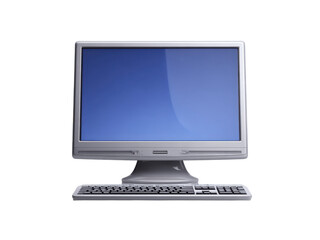 Silver computer monitor and keyboard with blue screen white, Isolated On Png Transparent Background
