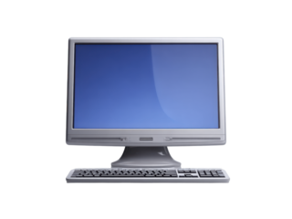 Silver computer monitor and keyboard with blue screen white, Isolated On Png Transparent Background