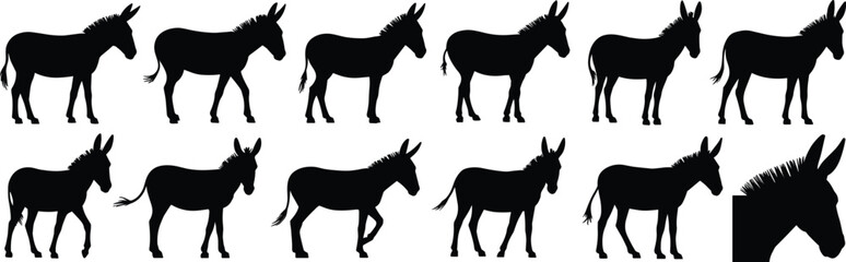Donkey silhouette vector collection, farm animal illustration, mule walking poses, livestock black shape, rural animal art, domestic donkey design