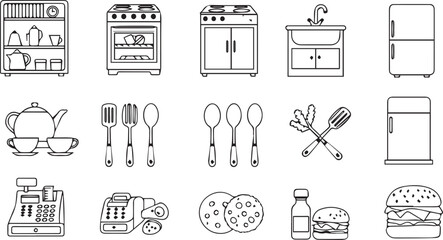 Kitchen Appliances Utensils and Food Outline Icons
