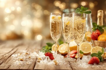 Elegant champagne flutes filled with sparkling beverage, garnished with citrus and mint, on a rustic wood surface, with a festive and celebratory atmosphere.