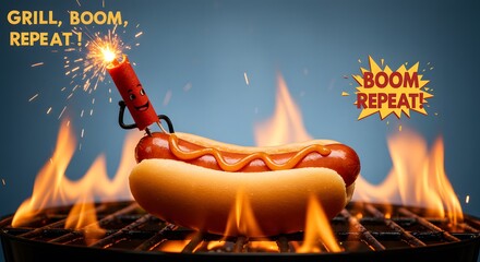 Grilled hot dog with fireworks on barbecue grill in vibrant flames  