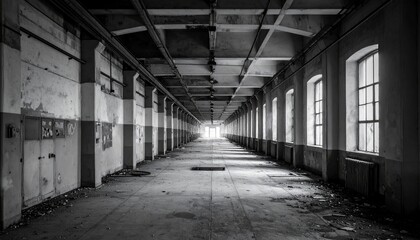 Abandoned Industrial Corridor with Natural Light at the End