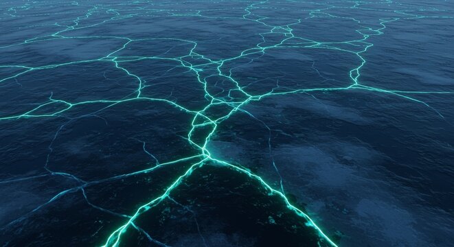 Frozen ocean glowing with neon cracks