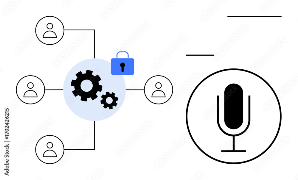 Poster network of users linked to gears and lock, microphone icon on side. ideal for team collaboration, da