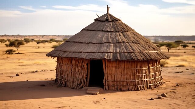 A traditional thatched hut in a desert landscape