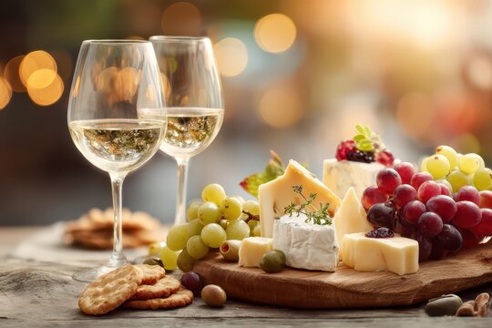 Elegant still life with two glasses of white wine, assorted cheeses, grapes, and crackers, arranged on a rustic wooden board, set against a blurred, warm bokeh background.