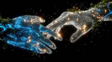 Obraz premium Artificial intelligence hands touching with digital data technology, concept on a blue background for future tech or business