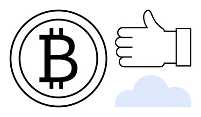 Bitcoin logo, a thumbs-up, and a cloud symbol together evoke themes of cryptocurrency, digital approval, innovation, technology adoption, finance, blockchain, and a simple landing page