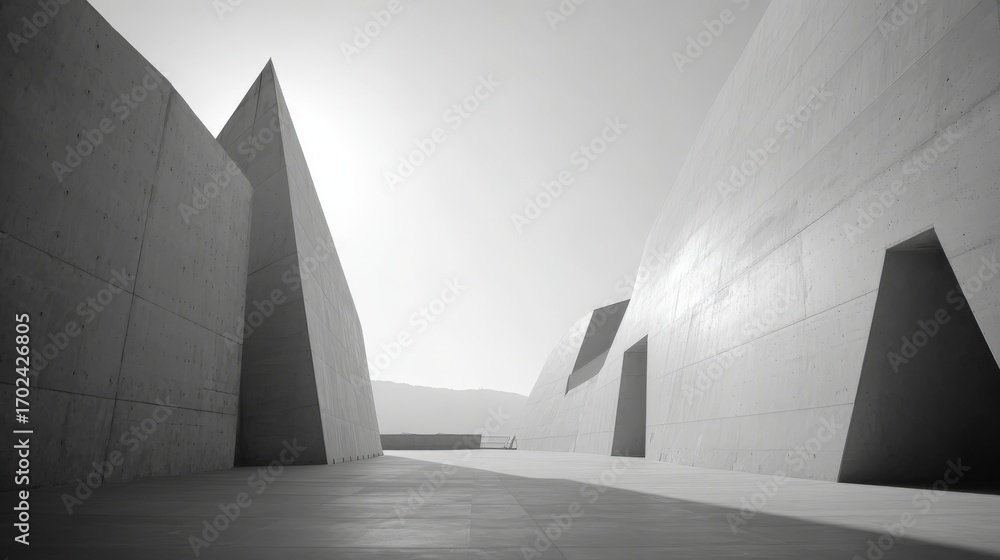 Poster modern architecture concrete structure with geometric designs in monochromatic tones showing light a
