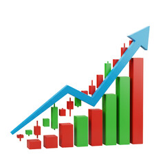 3d bar chart with upward trend arrow isolated on transparent background