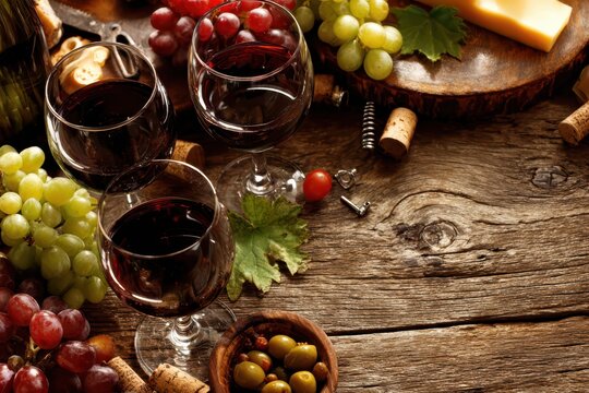 Elegant red wine glasses, fresh grapes, and appetizers on a rustic wooden table, perfect for a cozy evening.