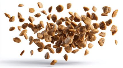 Dynamic capture of dry cat food pieces flying from a bowl, isolated cleanly on a white background with clipping path
