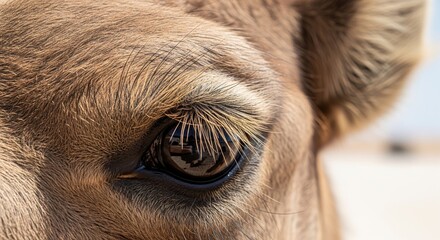 An intimate close-up of a calf's eye with detailed reflection and hair texture, highlighting the purity and innocence of youth and animal beauty in soft light .