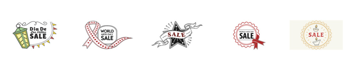World Aids Day sale icons with red ribbon lantern vector