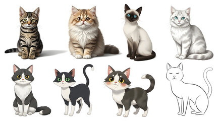 Group of black and white cats sitting together isolated on white background looking cute and adorable