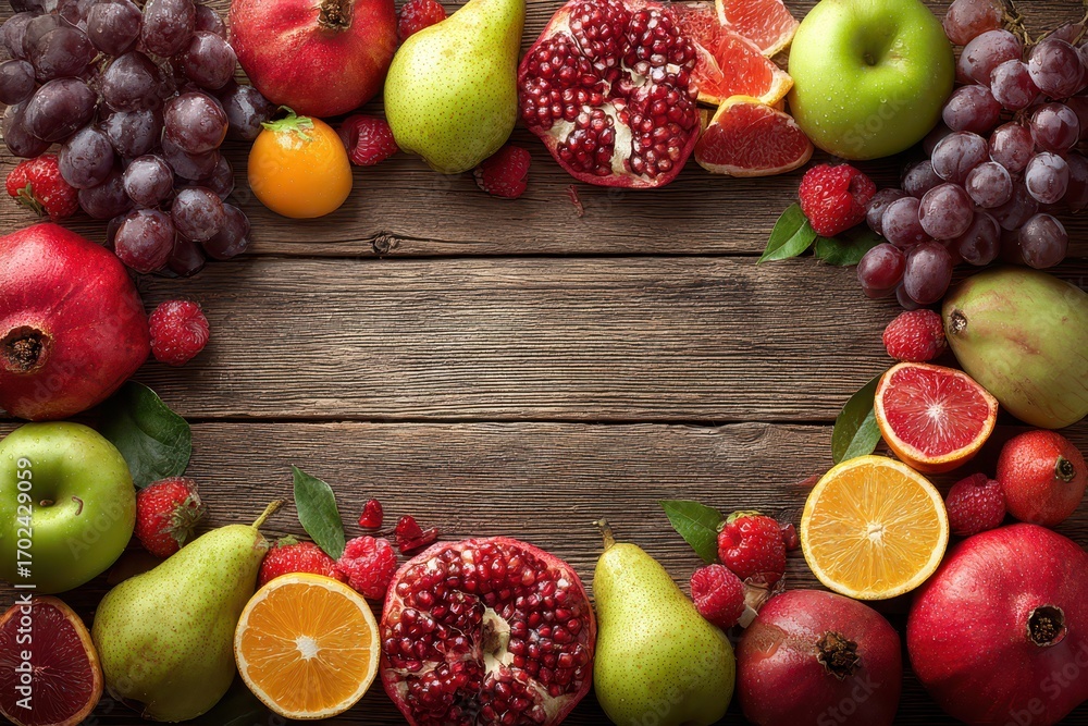 Poster a vibrant assortment of fresh fruits arranged artfully on a rustic wooden surface creating a balance
