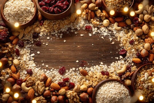 Rustic wooden background frame with a mix of healthy nuts, oats, and dried cranberries, perfect for granola or snack bar ingredients, illuminated by festive string lights. - Powered by Adobe