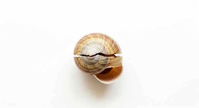 The broken snail shell on a white background, symbolizing fragility and vulnerability, capturing the delicate texture and pattern of nature's design. The contrast between resilience and fragility ,