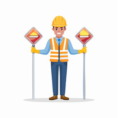 Smiling Construction Worker Holding Two Road Work Ahead Signs with Yellow Hard Hat