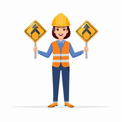 Smiling Female Construction Worker Holding Merge Traffic Signs in Uniform