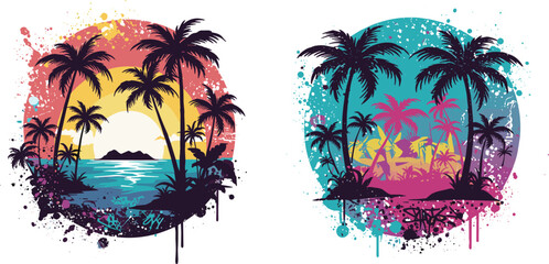Colorful tropical sunset vector illustration with palm trees, ocean, island silhouettes, vibrant graffiti paint splatter background, and artistic summer beach vibes design.