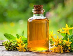 Bottle of golden oil with flowers