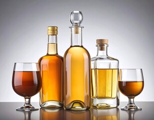 Bottles and glasses of amber liquids on a light gray background