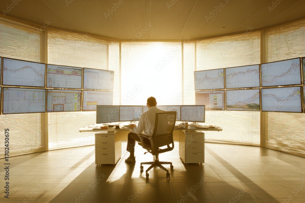 Poster focused professional analyzing complex financial data on multiple screens.