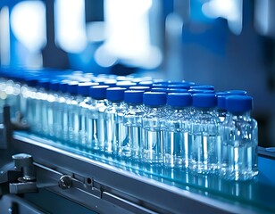 Bottles on conveyor belt in a factory