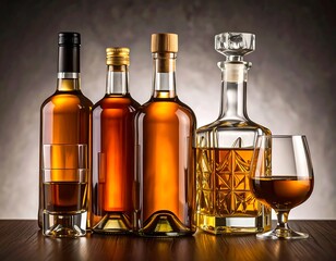 Bottles and glasses of amber liquor on a wooden table