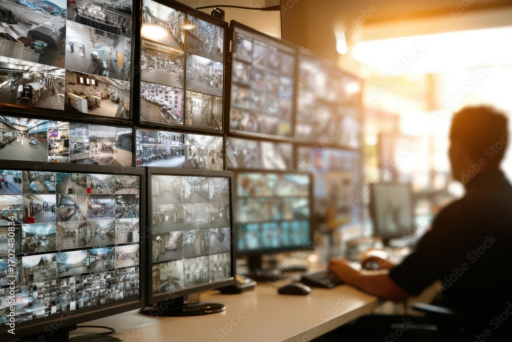 Poster security officer observing multiple live cctv feeds on an array of monitors.