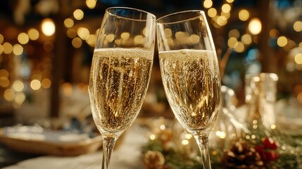 Champagne glasses toasting in a warm, festive setting with bokeh lights