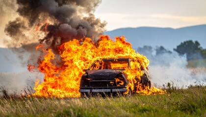 Car Fire Blaze in Open Field Against Sunset Background