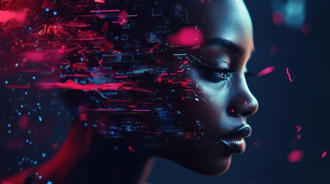 Digital Fusion: Woman's Face with Neon Data Stream
