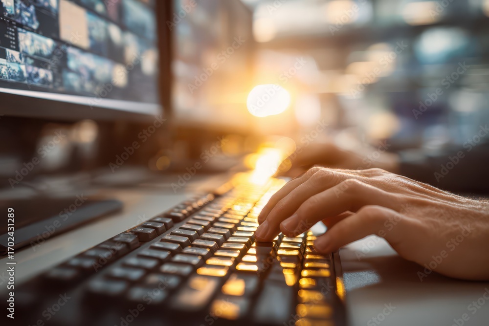 Poster creative professional hands typing on a computer keyboard with warm golden light.