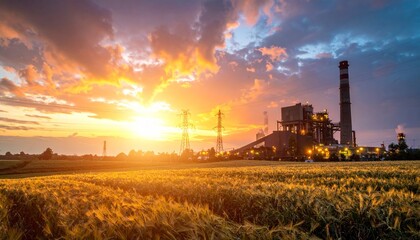 Sunset View of Industrial Power Plant over Wheat Field Landscape