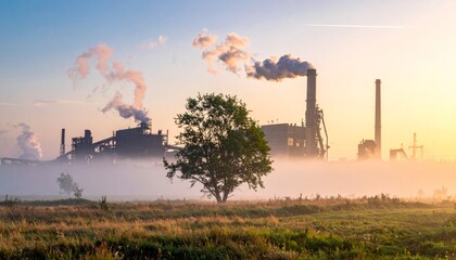 Industrial Landscape with Smoke and Fog at Sunrise, Natural Beauty