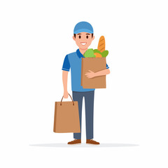 Smiling Delivery Person Holding Groceries and a Shopping Bag Ready to Serve