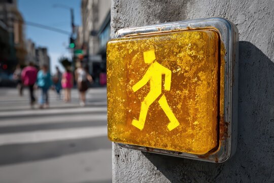 Illuminated yellow pedestrian crossing button close-up on a city street.