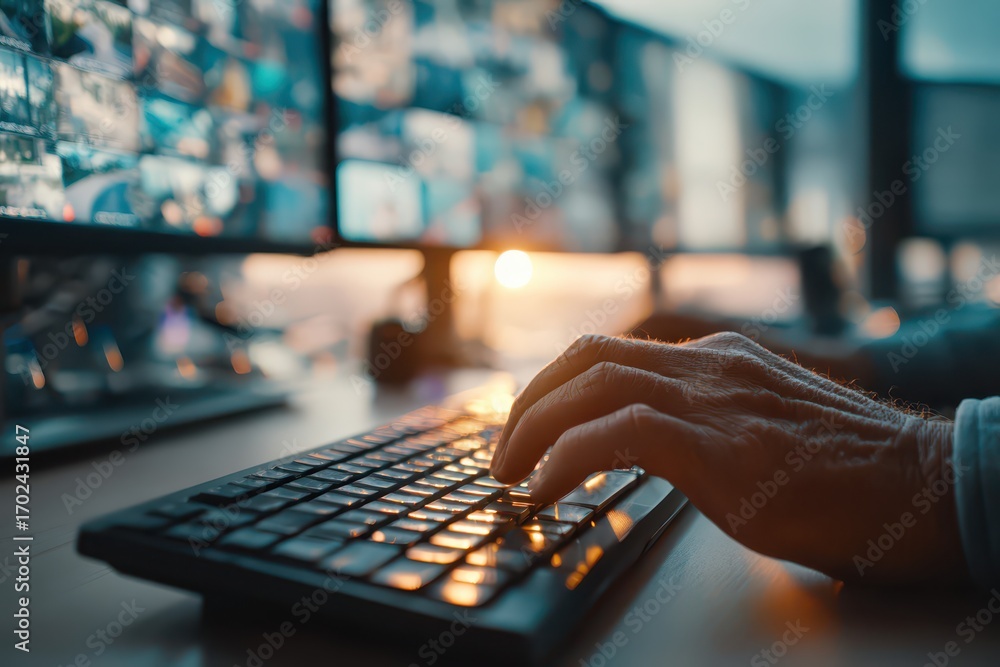 Aufkleber hand on keyboard, multiple monitors displaying data during golden hour.