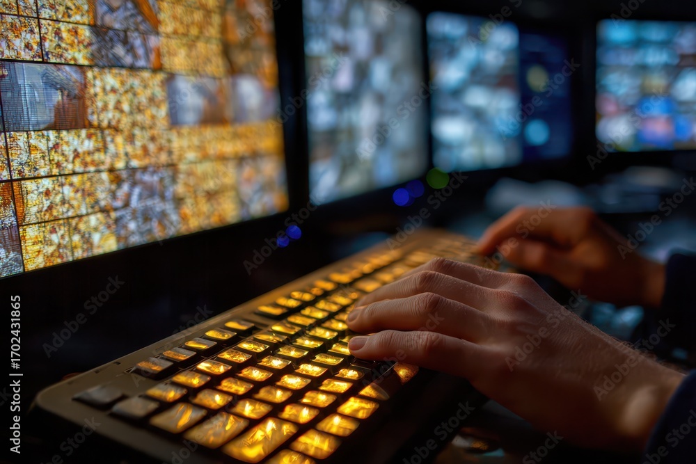 Poster close-up of hands on illuminated keyboard, monitoring multiple security screens.