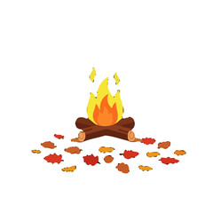 Burning campfire with autumn leaves illustration