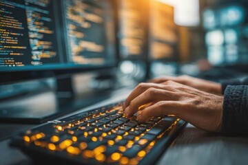Programmer's hands typing code on a backlit keyboard at night, illuminated by screen light.