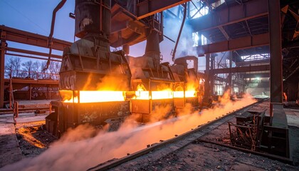 Molten Metal Flowing from Industrial Furnaces in Steel Factory