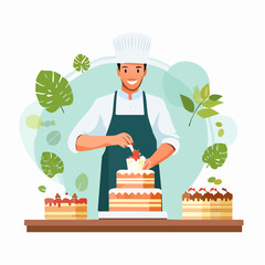 A Baker Decorating a Layered Cake with Fresh Strawberries and Cream