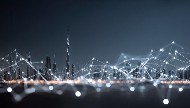 Futuristic city skyline at night, connected by a network of lines and lights