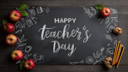 Happy Teacher's Day: Chalkboard Design with Apples and Pencils